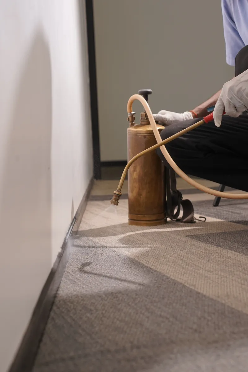 Team member spraying along a commercial corridor