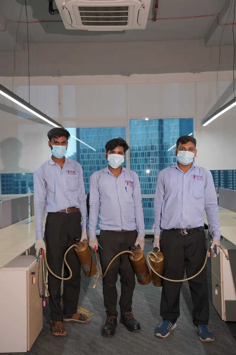 Prime Pest technician at a workstation baseboard